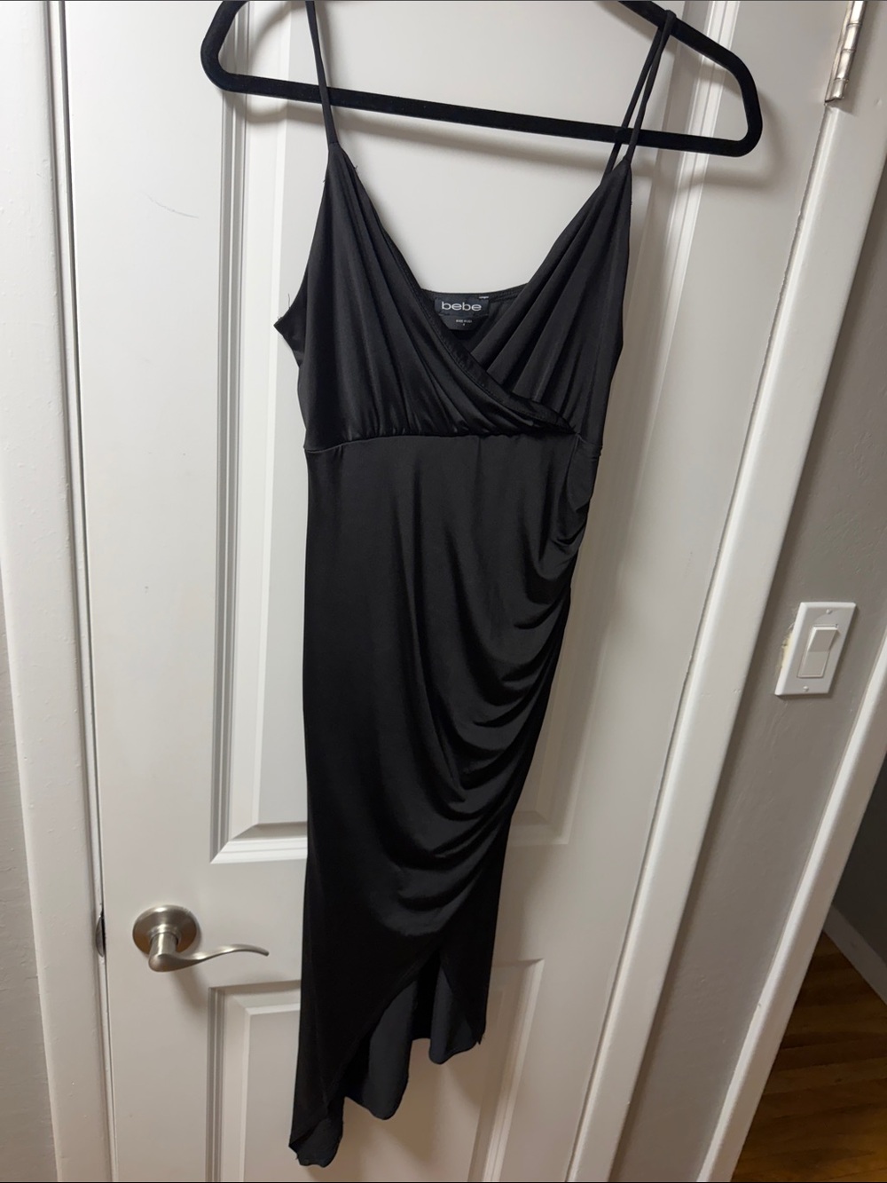 bebe Black Asymmetrical Slip Midi Dress